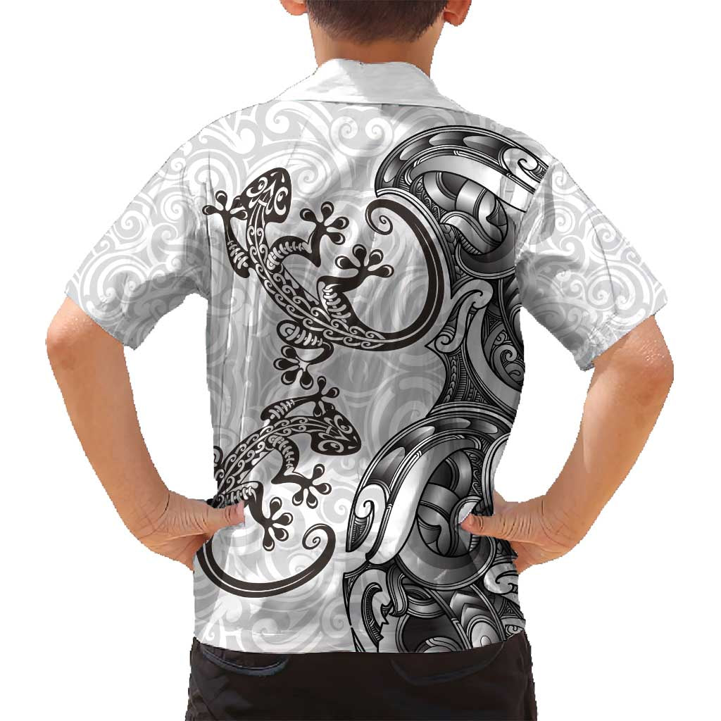 New Zealand Gecko Maori Art Tattoo Family Matching Off Shoulder Short Dress and Hawaiian Shirt White Color