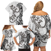New Zealand Gecko Maori Art Tattoo Family Matching Off Shoulder Short Dress and Hawaiian Shirt White Color