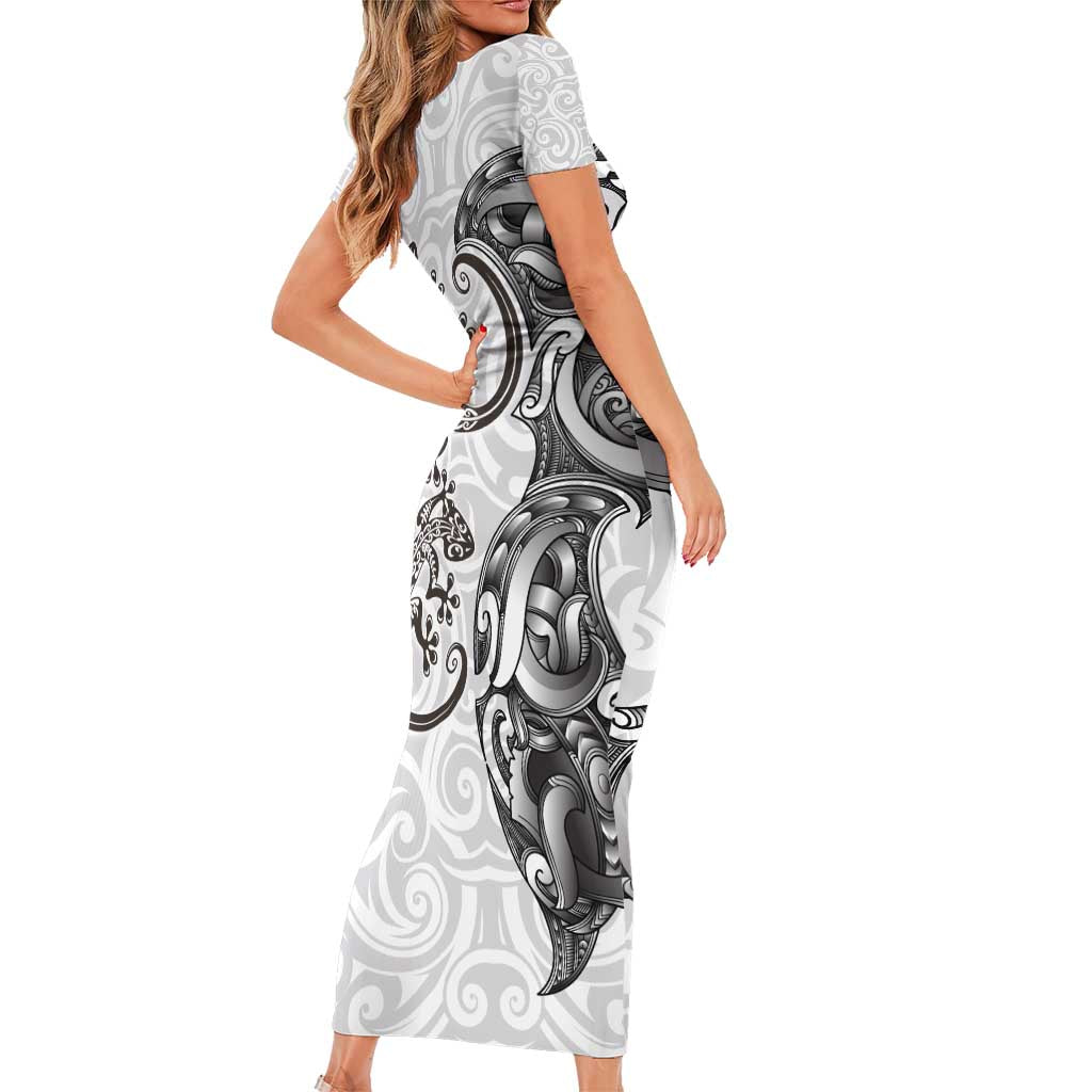 New Zealand Gecko Maori Art Tattoo Family Matching Short Sleeve Bodycon Dress and Hawaiian Shirt White Color