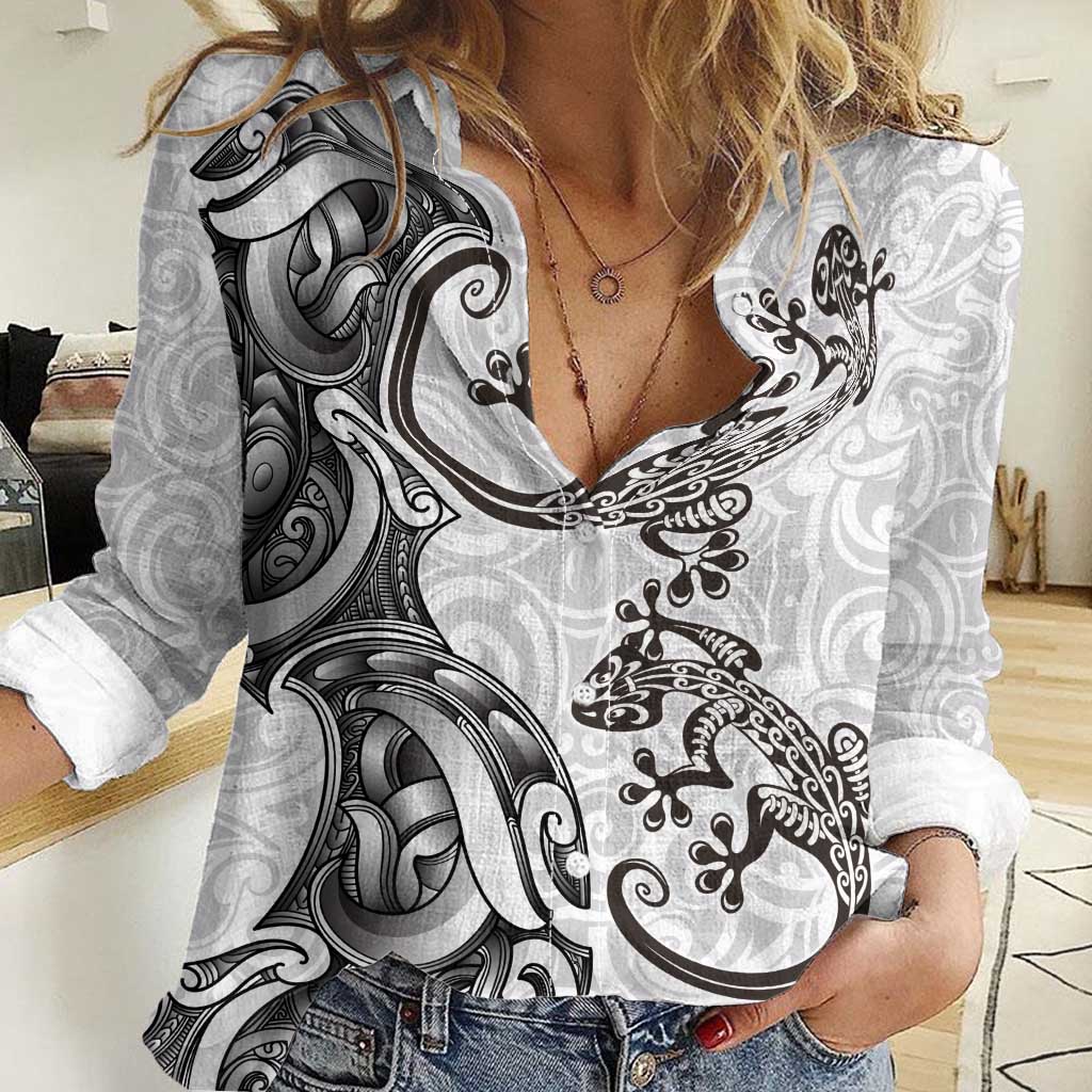 New Zealand Gecko Maori Art Tattoo Women Casual Shirt White Color
