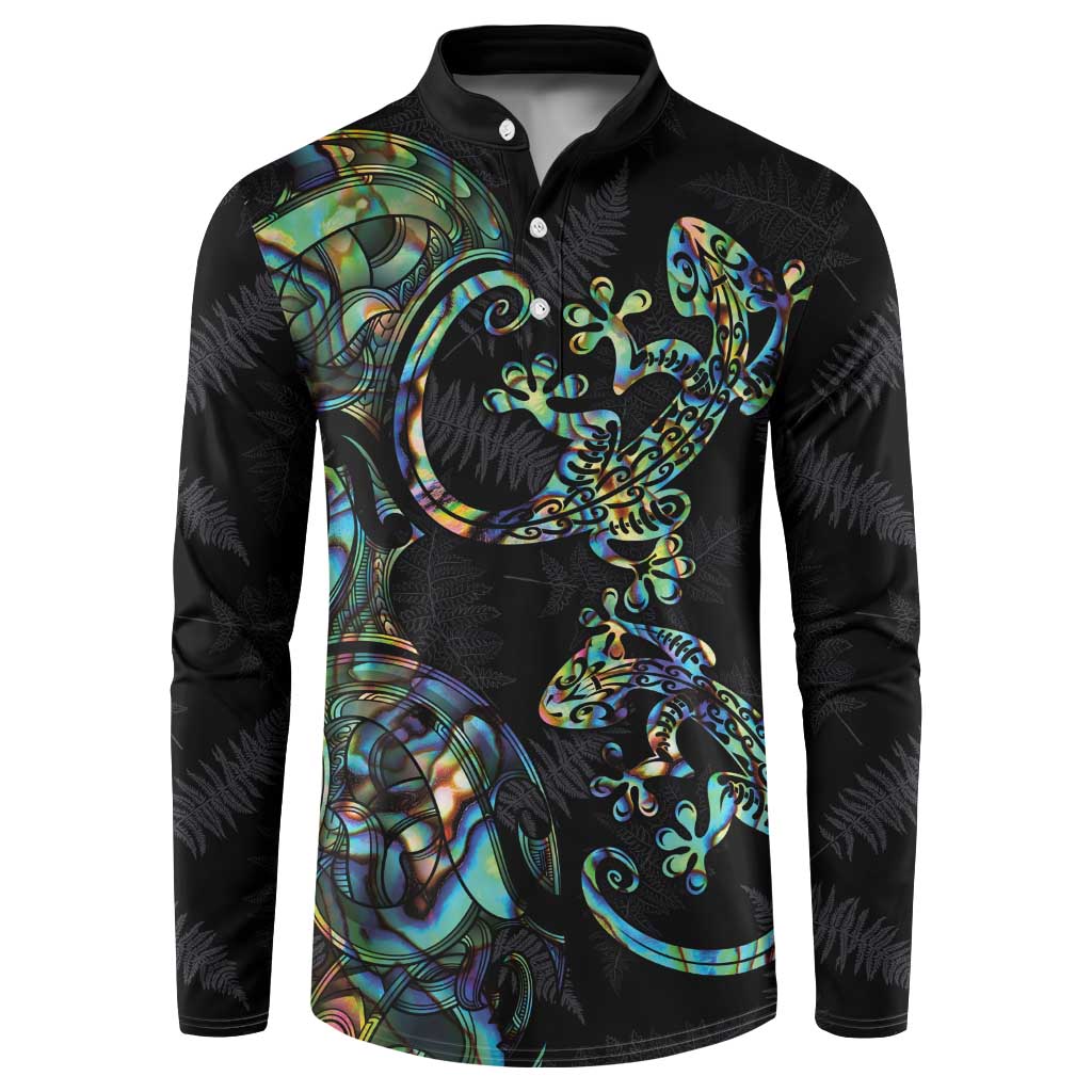 New Zealand Gecko Maori Art Tattoo Button Sweatshirt Silver Fern and Paua Shell Mode