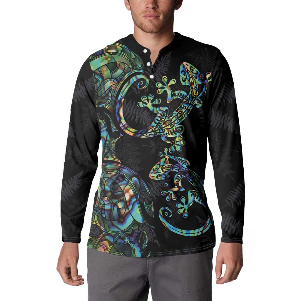 New Zealand Gecko Maori Art Tattoo Button Sweatshirt Silver Fern and Paua Shell Mode