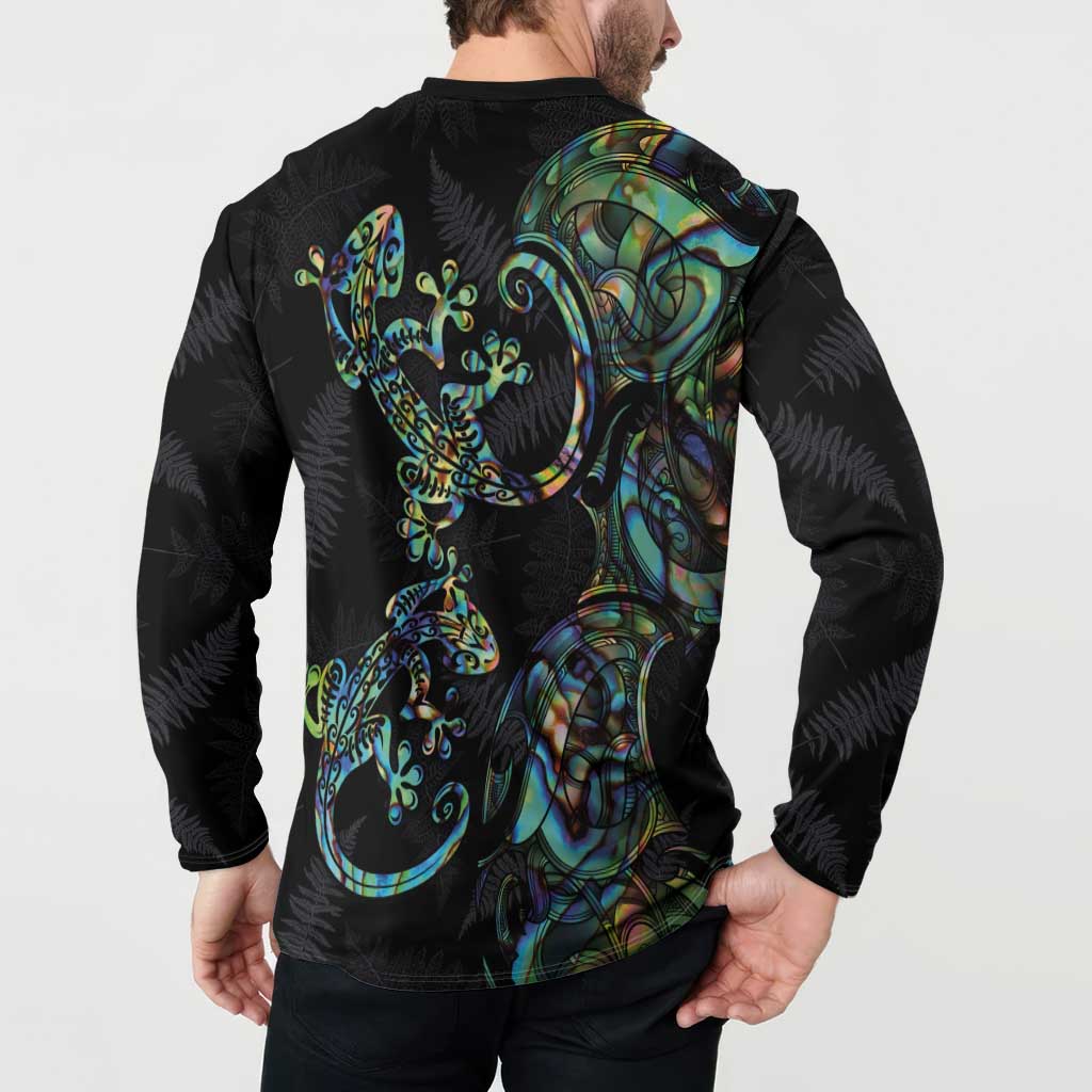 New Zealand Gecko Maori Art Tattoo Button Sweatshirt Silver Fern and Paua Shell Mode