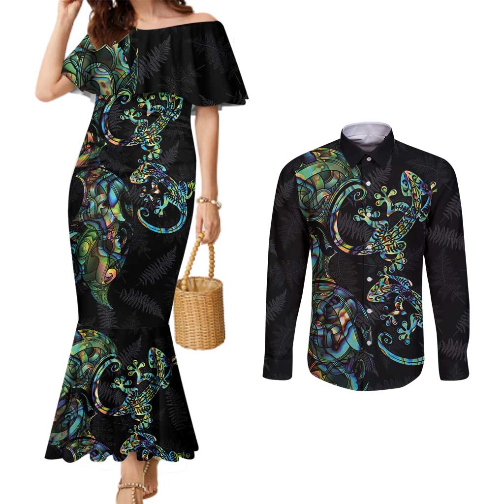 New Zealand Gecko Maori Art Tattoo Couples Matching Mermaid Dress and Long Sleeve Button Shirt Silver Fern and Paua Shell Mode