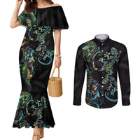 New Zealand Gecko Maori Art Tattoo Couples Matching Mermaid Dress and Long Sleeve Button Shirt Silver Fern and Paua Shell Mode