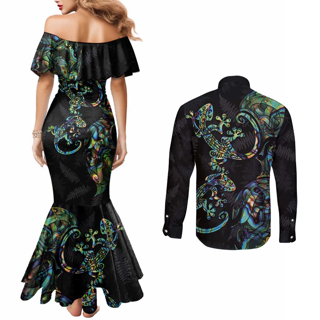 New Zealand Gecko Maori Art Tattoo Couples Matching Mermaid Dress and Long Sleeve Button Shirt Silver Fern and Paua Shell Mode