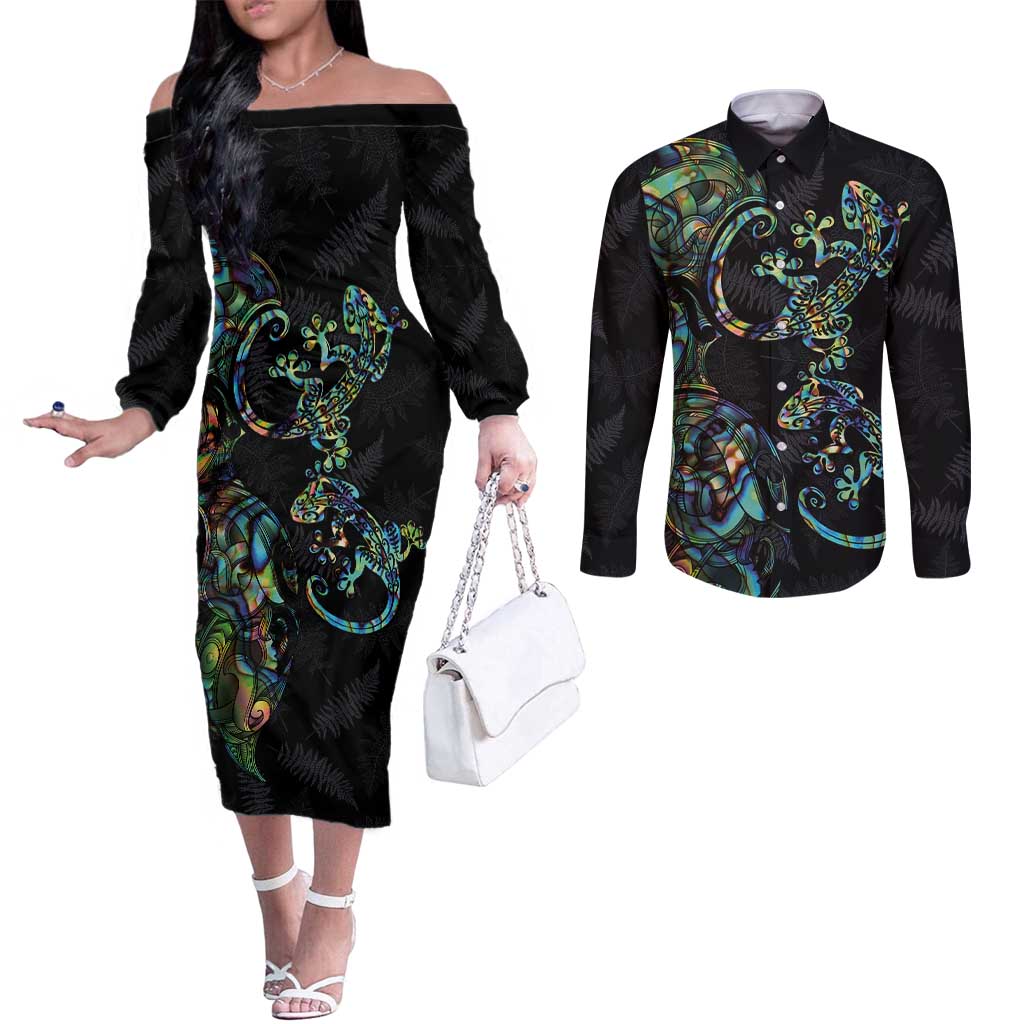 New Zealand Gecko Maori Art Tattoo Couples Matching Off The Shoulder Long Sleeve Dress and Long Sleeve Button Shirt Silver Fern and Paua Shell Mode LT03 Black - Polynesian Pride