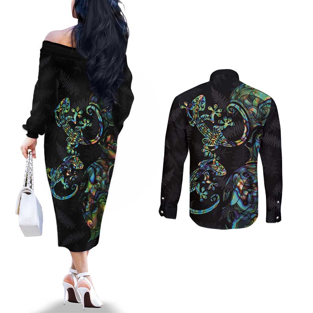New Zealand Gecko Maori Art Tattoo Couples Matching Off The Shoulder Long Sleeve Dress and Long Sleeve Button Shirt Silver Fern and Paua Shell Mode