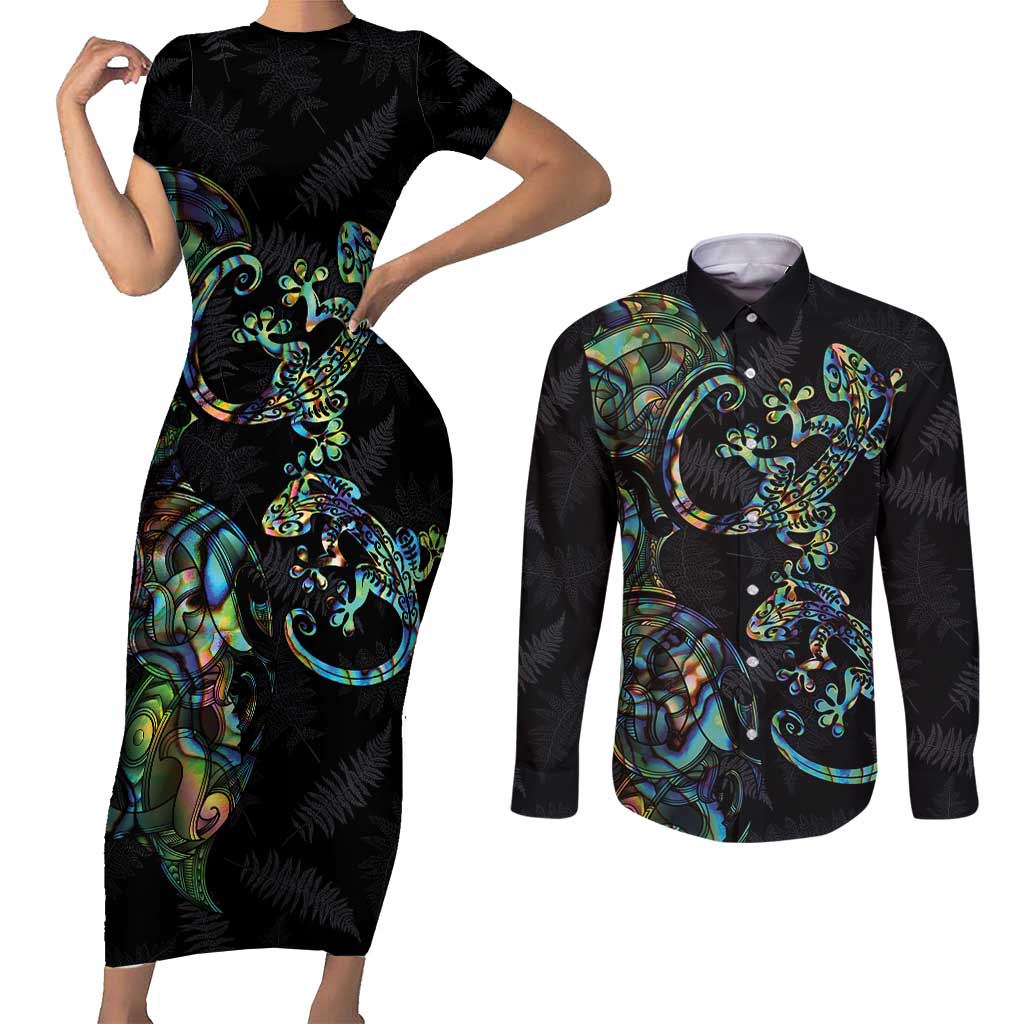 New Zealand Gecko Maori Art Tattoo Couples Matching Short Sleeve Bodycon Dress and Long Sleeve Button Shirt Silver Fern and Paua Shell Mode LT03 Black - Polynesian Pride