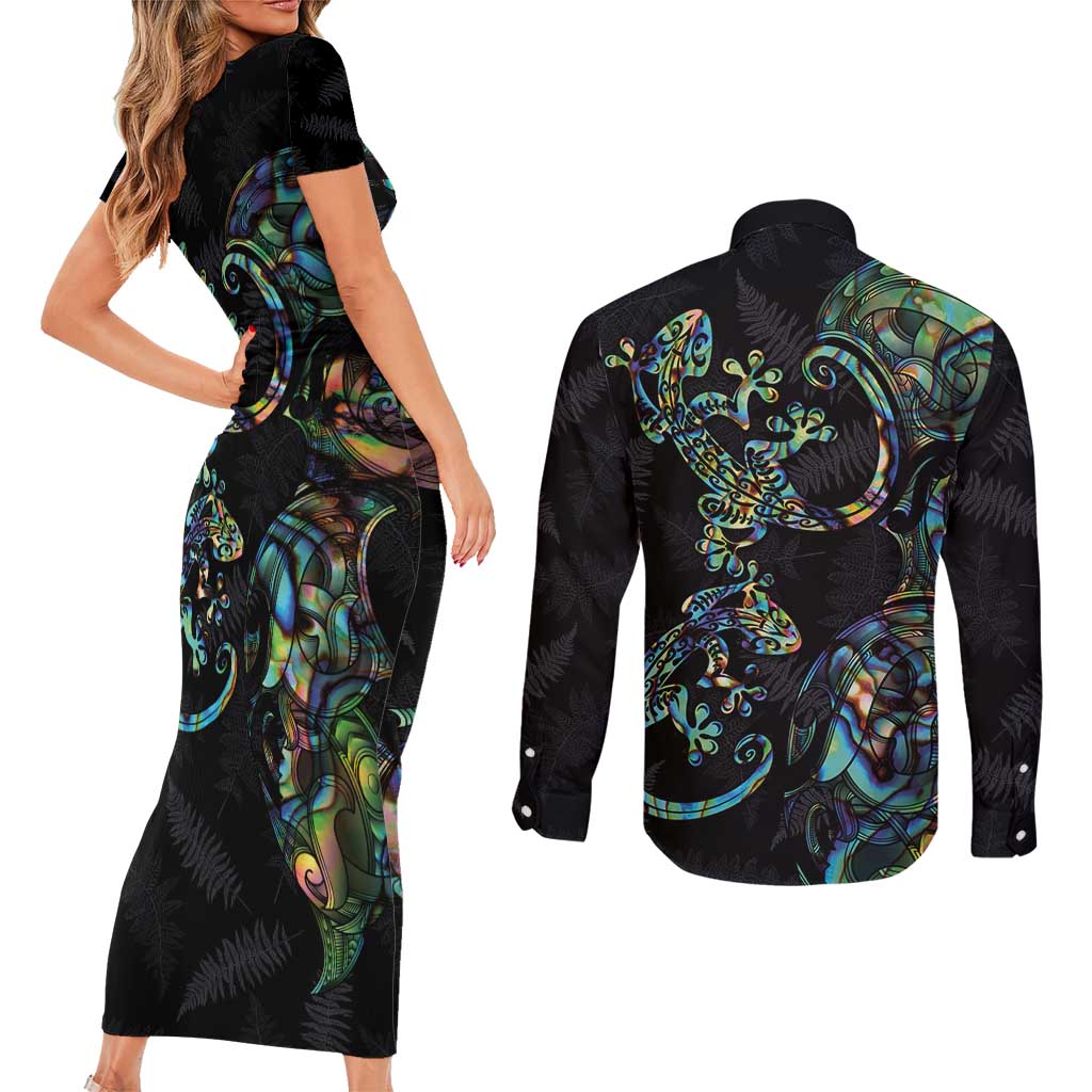 New Zealand Gecko Maori Art Tattoo Couples Matching Short Sleeve Bodycon Dress and Long Sleeve Button Shirt Silver Fern and Paua Shell Mode