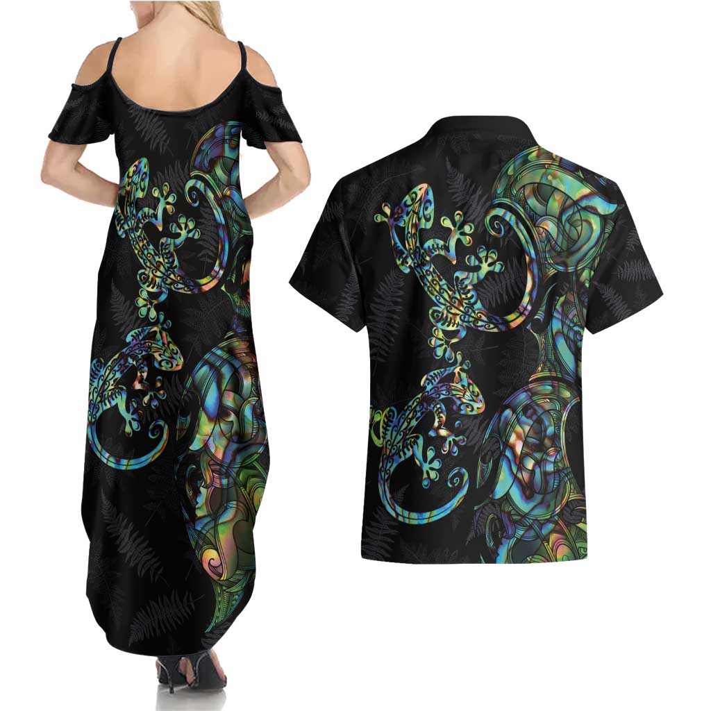 New Zealand Gecko Maori Art Tattoo Couples Matching Summer Maxi Dress and Hawaiian Shirt Silver Fern and Paua Shell Mode