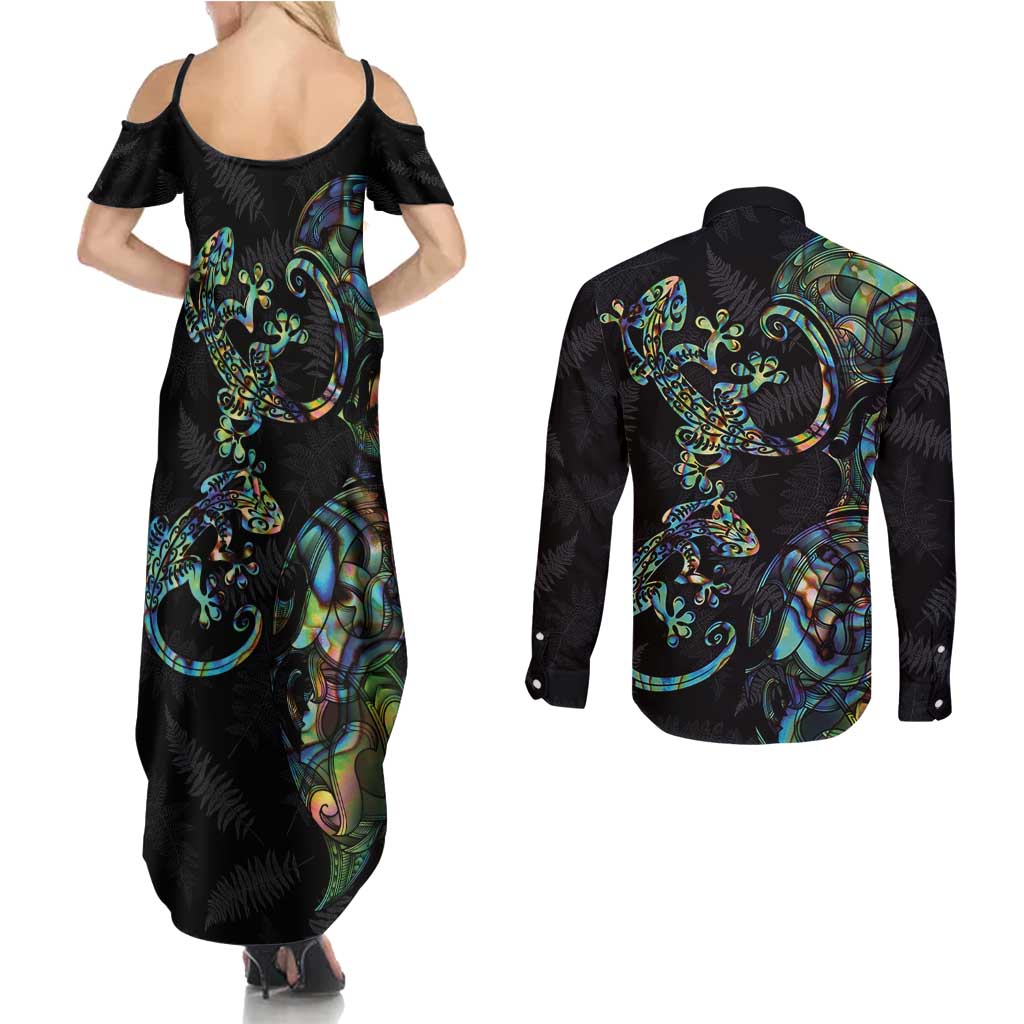 New Zealand Gecko Maori Art Tattoo Couples Matching Summer Maxi Dress and Long Sleeve Button Shirt Silver Fern and Paua Shell Mode