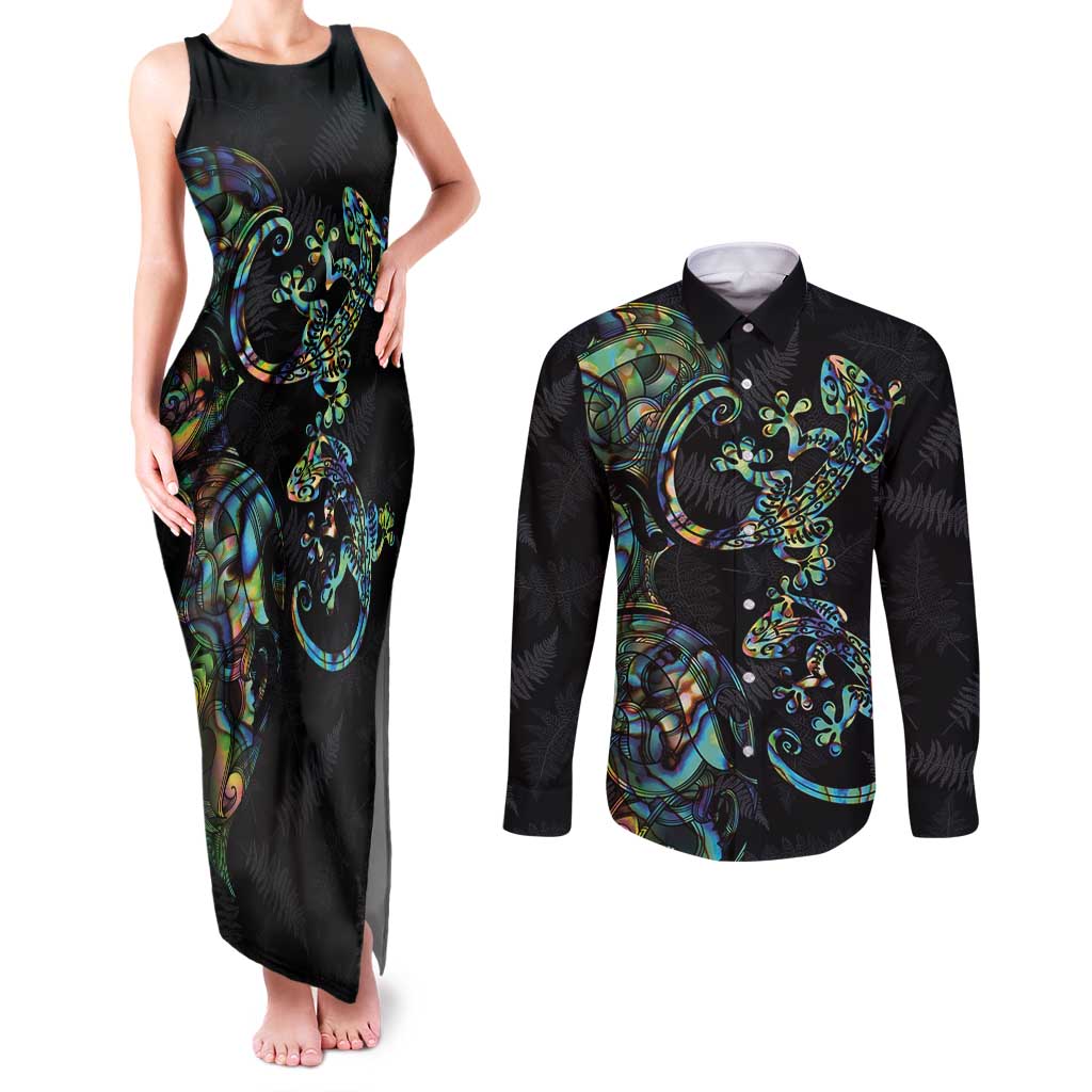 New Zealand Gecko Maori Art Tattoo Couples Matching Tank Maxi Dress and Long Sleeve Button Shirt Silver Fern and Paua Shell Mode