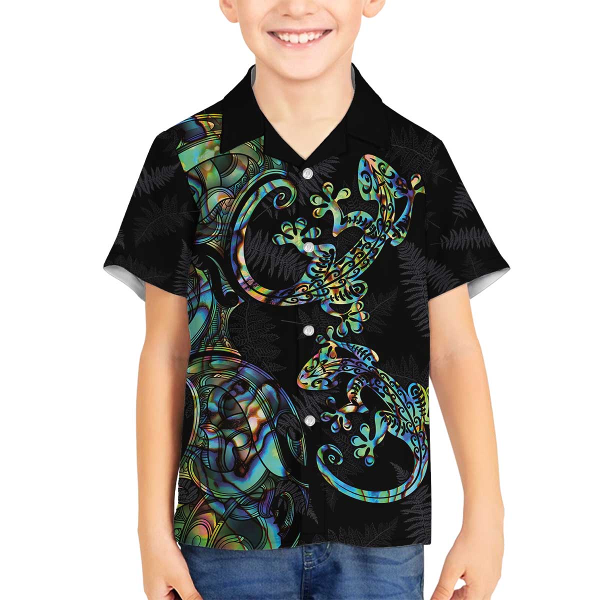 New Zealand Gecko Maori Art Tattoo Family Matching Off The Shoulder Long Sleeve Dress and Hawaiian Shirt Silver Fern and Paua Shell Mode