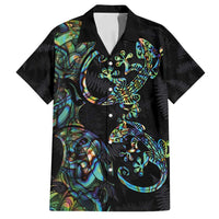New Zealand Gecko Maori Art Tattoo Family Matching Off Shoulder Short Dress and Hawaiian Shirt Silver Fern and Paua Shell Mode