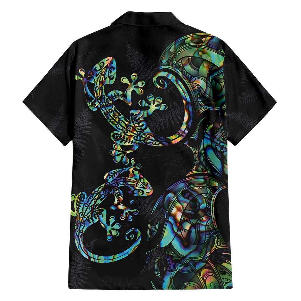 New Zealand Gecko Maori Art Tattoo Family Matching Off Shoulder Short Dress and Hawaiian Shirt Silver Fern and Paua Shell Mode