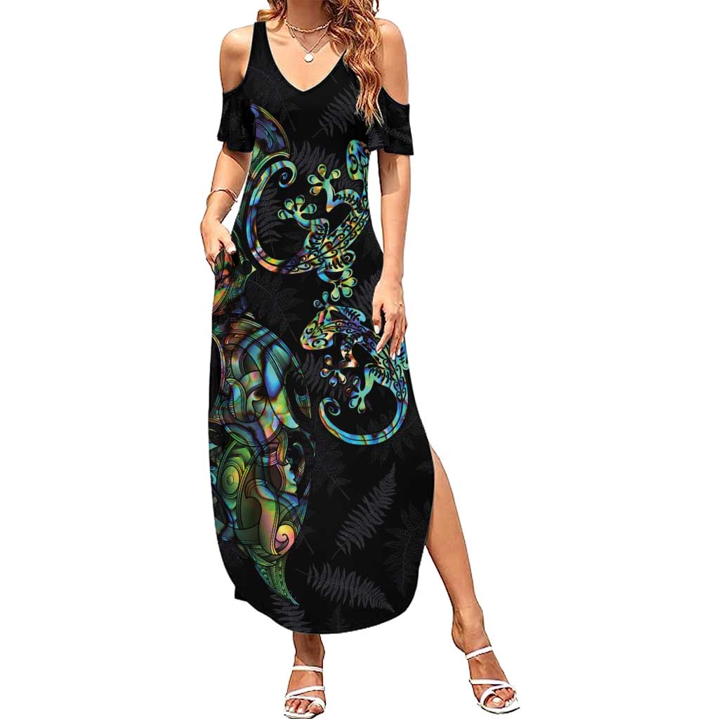 New Zealand Gecko Maori Art Tattoo Family Matching Summer Maxi Dress and Hawaiian Shirt Silver Fern and Paua Shell Mode
