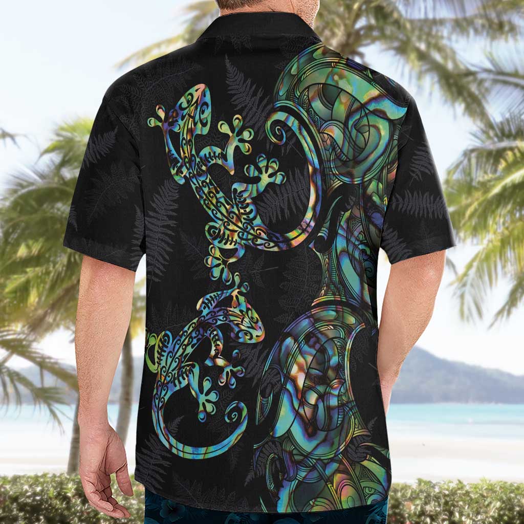 New Zealand Gecko Maori Art Tattoo Hawaiian Shirt Silver Fern and Paua Shell Mode