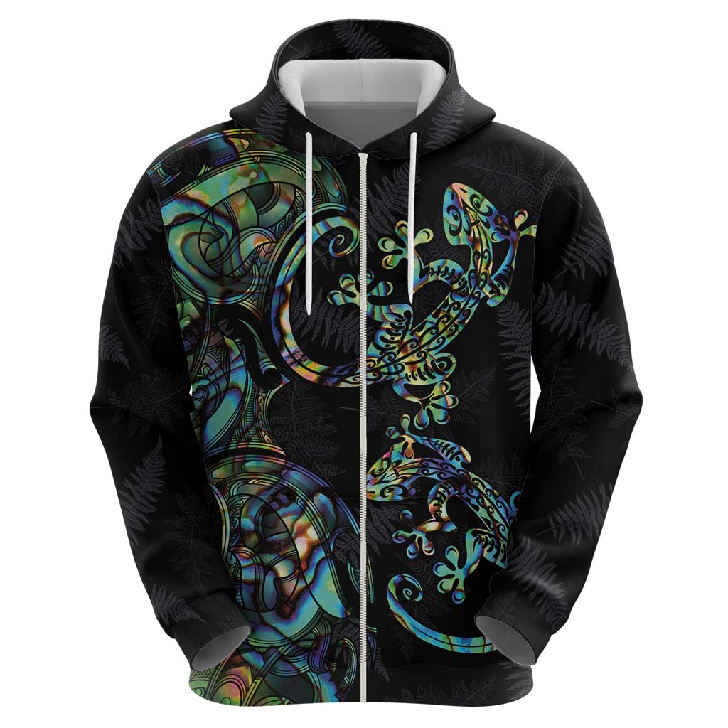 New Zealand Gecko Maori Art Tattoo Hoodie Silver Fern and Paua Shell Mode