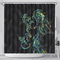 New Zealand Gecko Maori Art Tattoo Shower Curtain Silver Fern and Paua Shell Mode