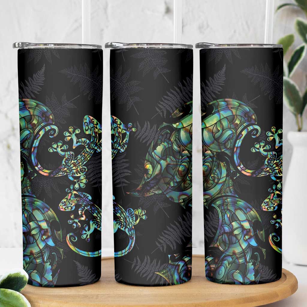 New Zealand Gecko Maori Art Tattoo Skinny Tumbler Paua Shell Mode with Silver Fern Pattern