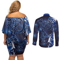 New Zealand Gecko Maori Art Tattoo Couples Matching Off Shoulder Short Dress and Long Sleeve Button Shirt Matariki Mode