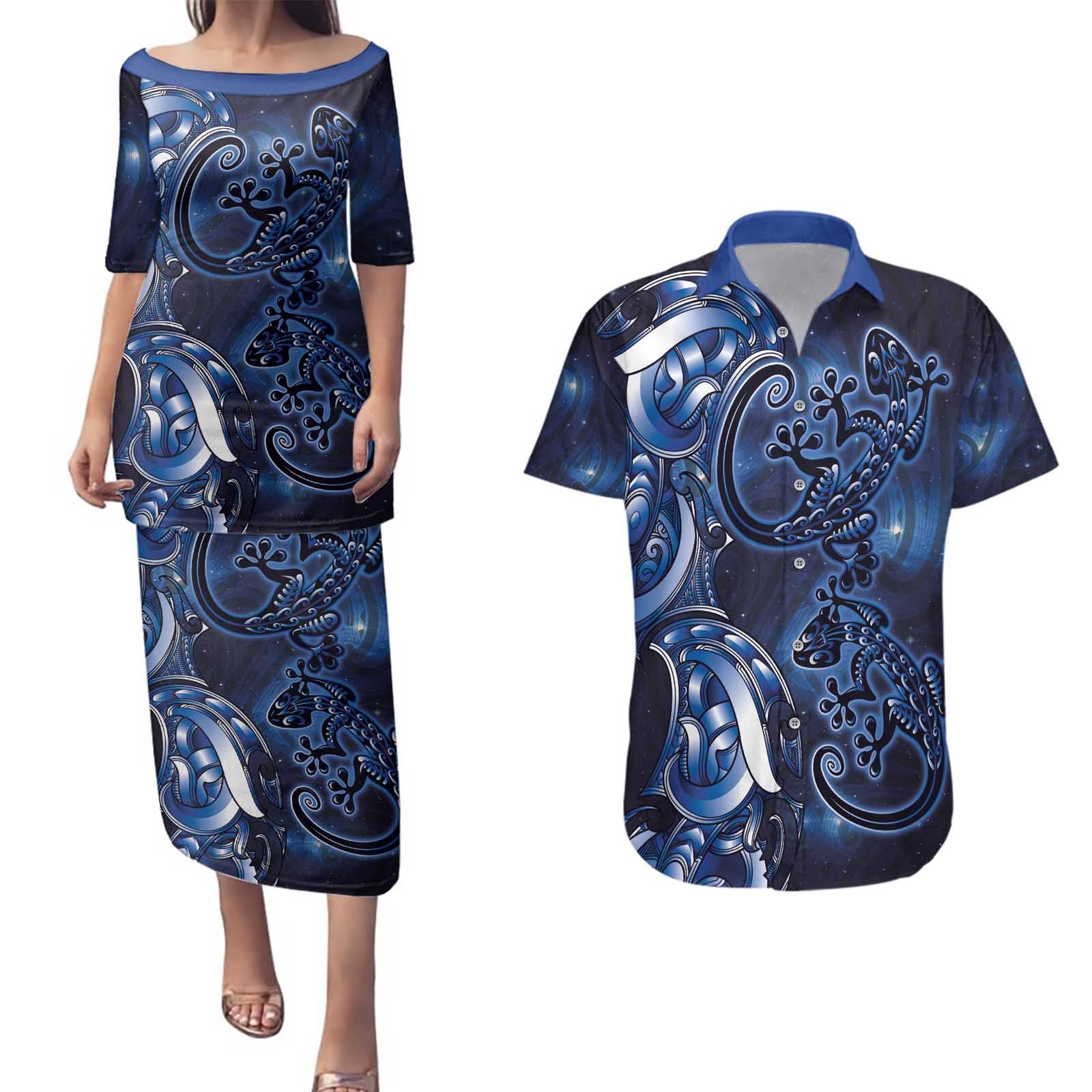 New Zealand Gecko Maori Art Tattoo Couples Matching Puletasi and Hawaiian Shirt Matariki Mode