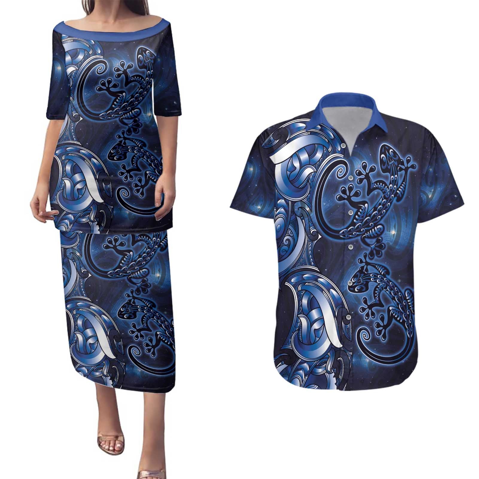 New Zealand Gecko Maori Art Tattoo Couples Matching Puletasi and Hawaiian Shirt Matariki Mode