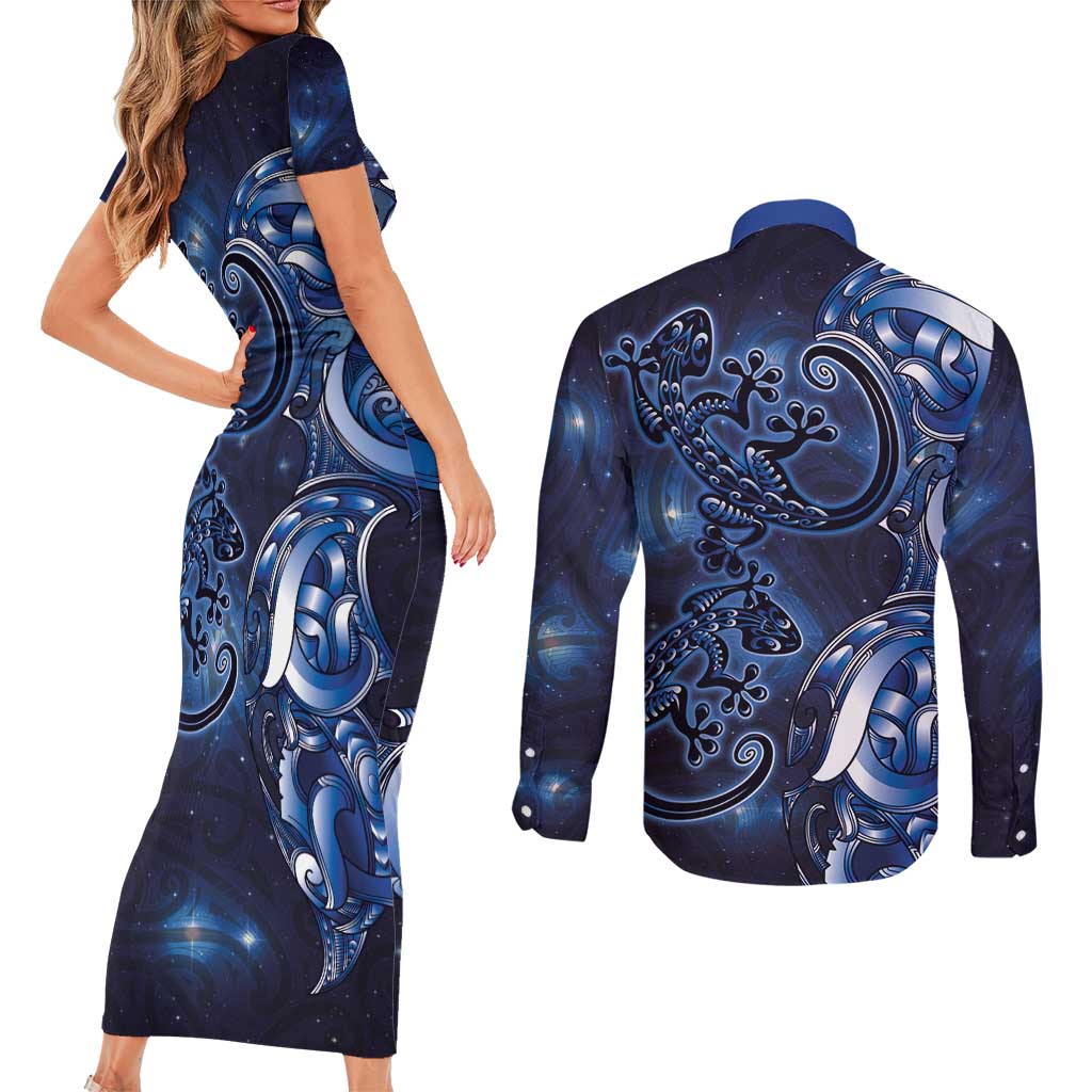New Zealand Gecko Maori Art Tattoo Couples Matching Short Sleeve Bodycon Dress and Long Sleeve Button Shirt Matariki Mode