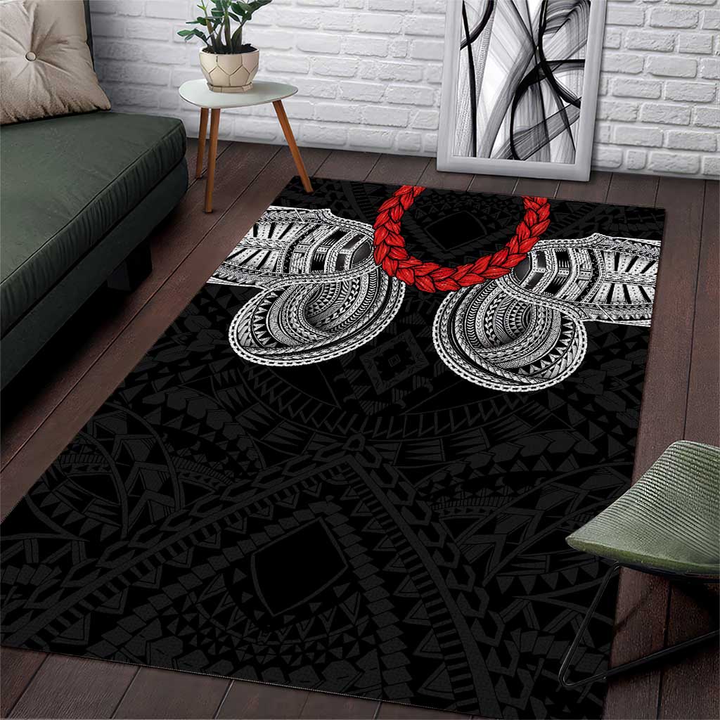 Samoan Traditional Art Tattoos Area Rug Tatau Tribal Motifs with Ula Fala Black - Polynesian Pride