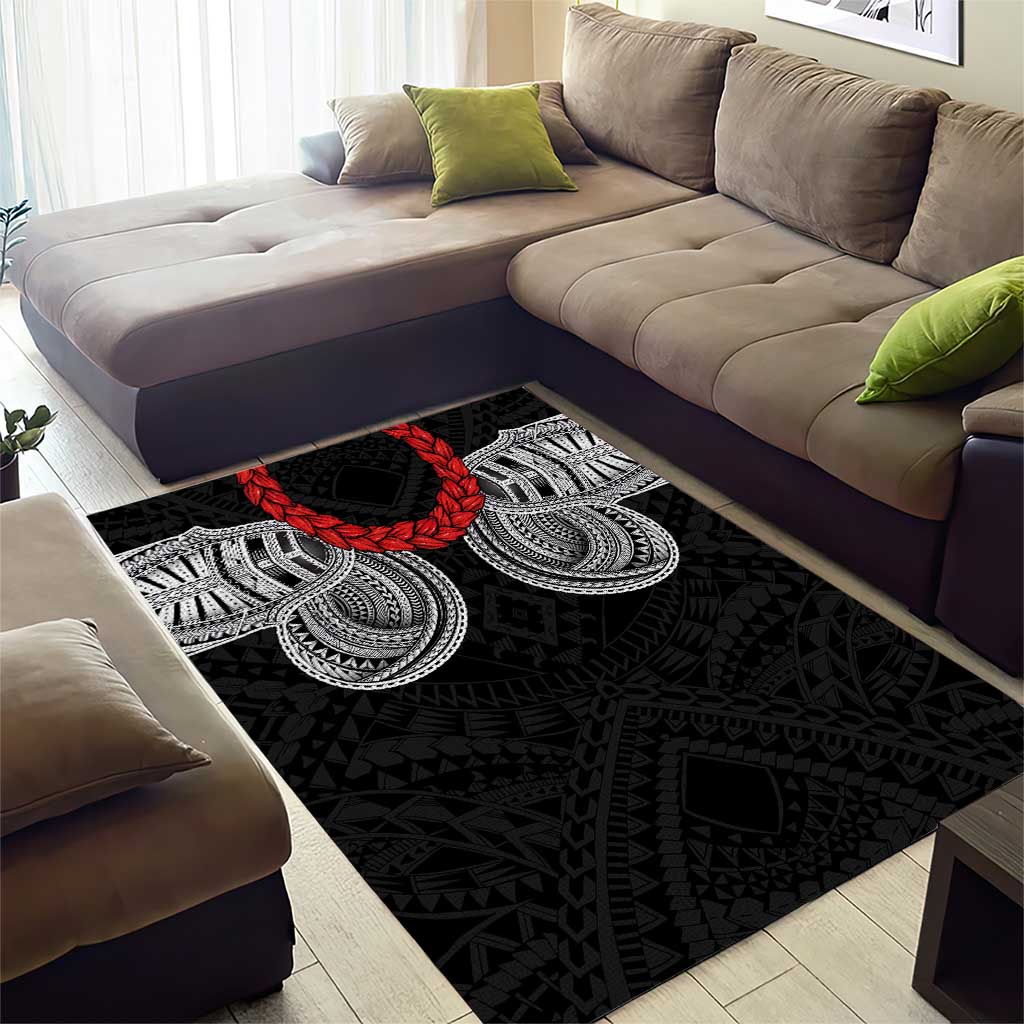Samoan Traditional Art Tattoos Area Rug Tatau Tribal Motifs with Ula Fala Black - Polynesian Pride
