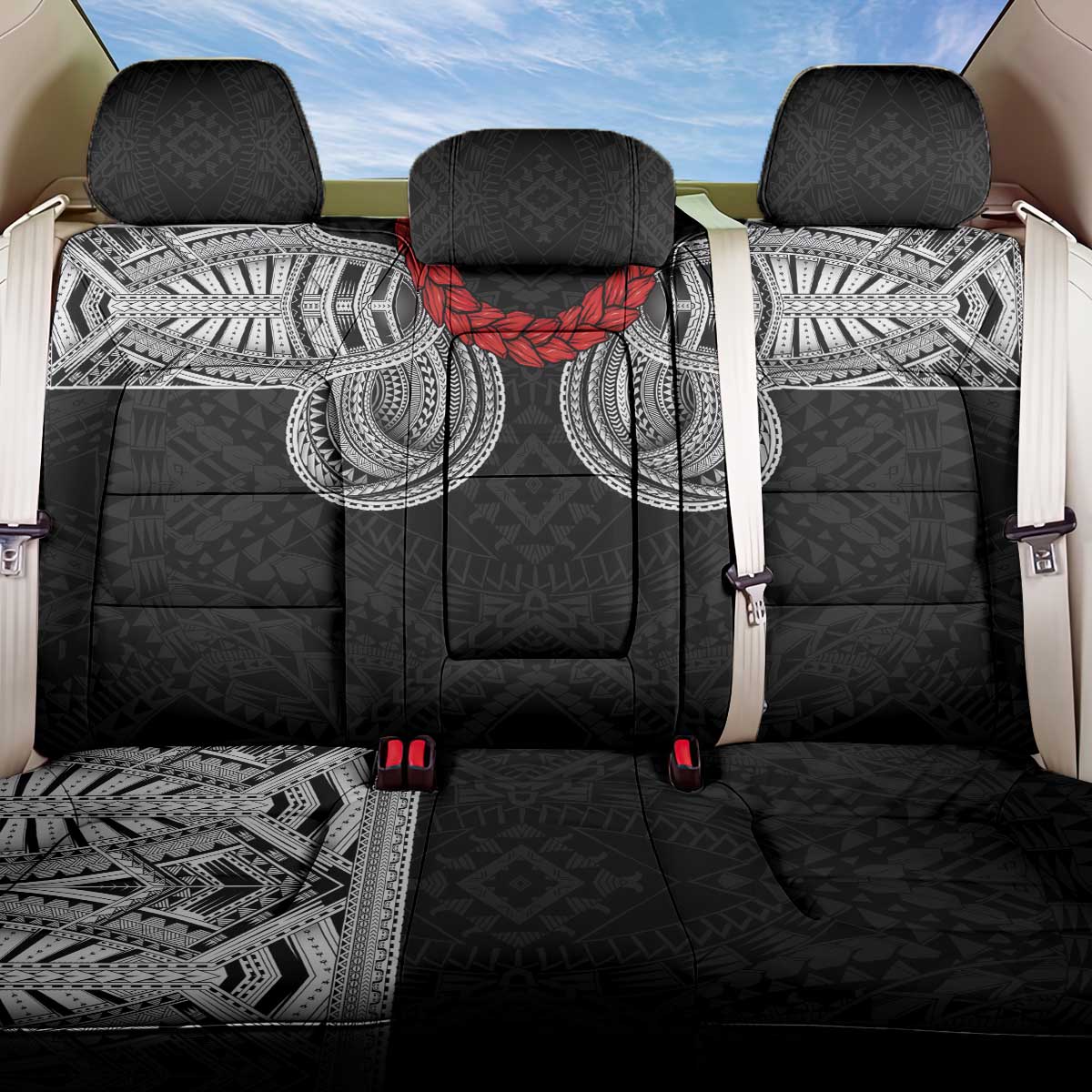 Samoan Traditional Art Tattoos Back Car Seat Cover Tatau Tribal Motifs with Ula Fala Black - Polynesian Pride
