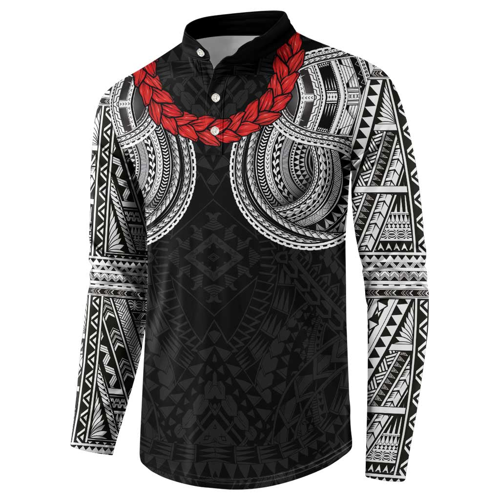 Samoan Traditional Art Tattoos Button Sweatshirt Tatau Tribal Motifs with Ula Fala Black - Polynesian Pride