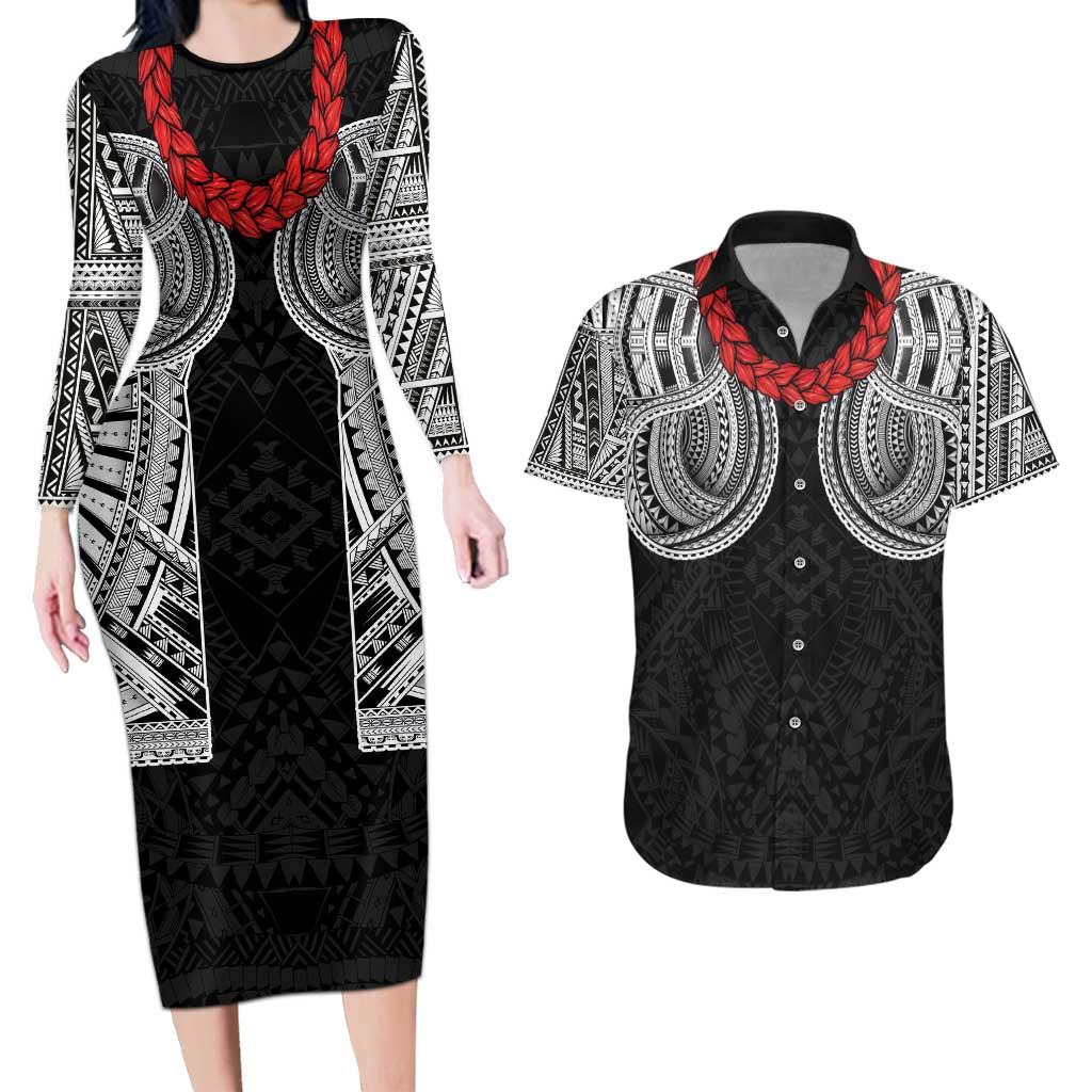 Samoan Traditional Art Tattoos Couples Matching Long Sleeve Bodycon Dress and Hawaiian Shirt Tatau Tribal Motifs with Ula Fala Black - Polynesian Pride