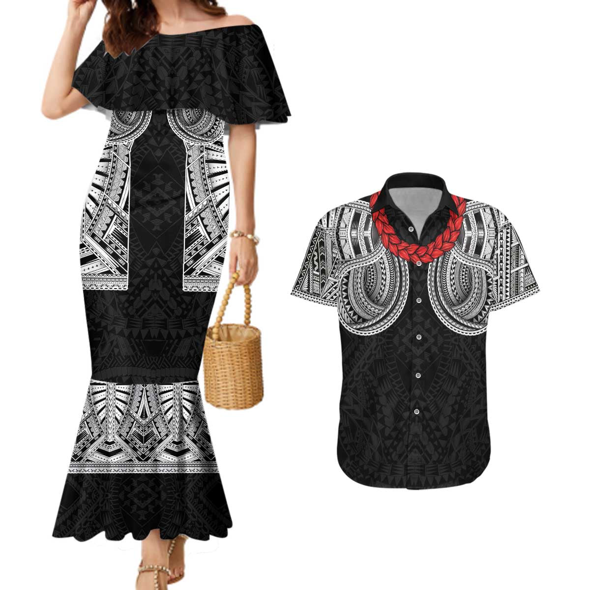 Samoan Traditional Art Tattoos Couples Matching Mermaid Dress and Hawaiian Shirt Tatau Tribal Motifs with Ula Fala Black - Polynesian Pride