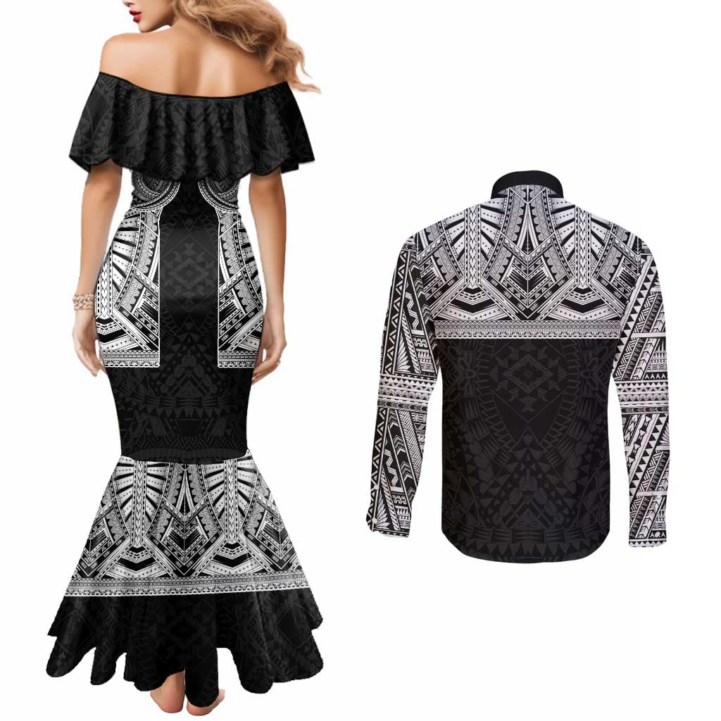 Samoan Traditional Art Tattoos Couples Matching Mermaid Dress and Long Sleeve Button Shirt Tatau Tribal Motifs with Ula Fala Black - Polynesian Pride