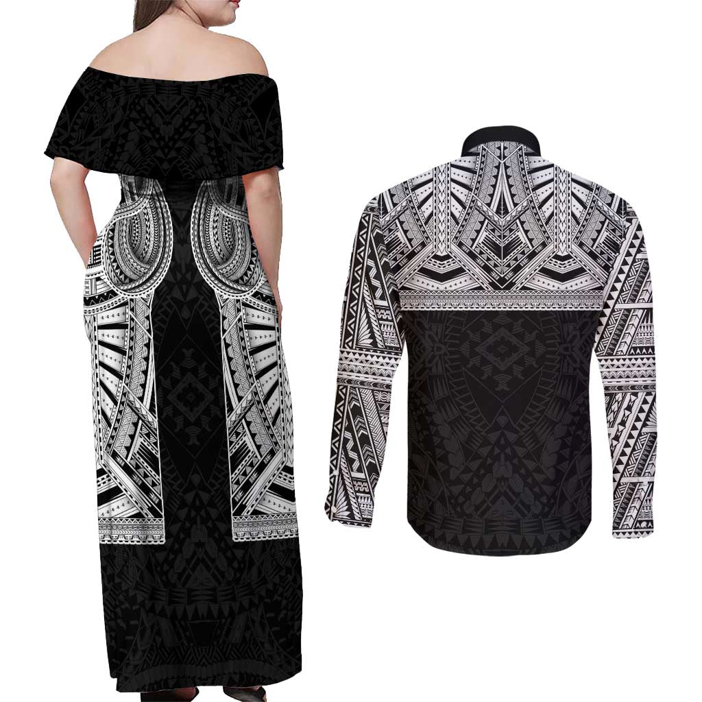 Samoan Traditional Art Tattoos Couples Matching Off Shoulder Maxi Dress and Long Sleeve Button Shirt Tatau Tribal Motifs with Ula Fala Black - Polynesian Pride