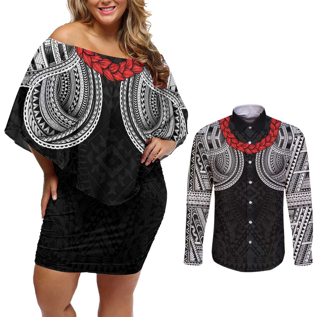 Samoan Traditional Art Tattoos Couples Matching Off Shoulder Short Dress and Long Sleeve Button Shirt Tatau Tribal Motifs with Ula Fala Black - Polynesian Pride