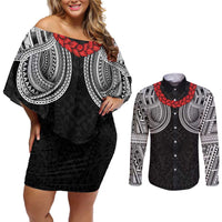 Samoan Traditional Art Tattoos Couples Matching Off Shoulder Short Dress and Long Sleeve Button Shirt Tatau Tribal Motifs with Ula Fala Black - Polynesian Pride