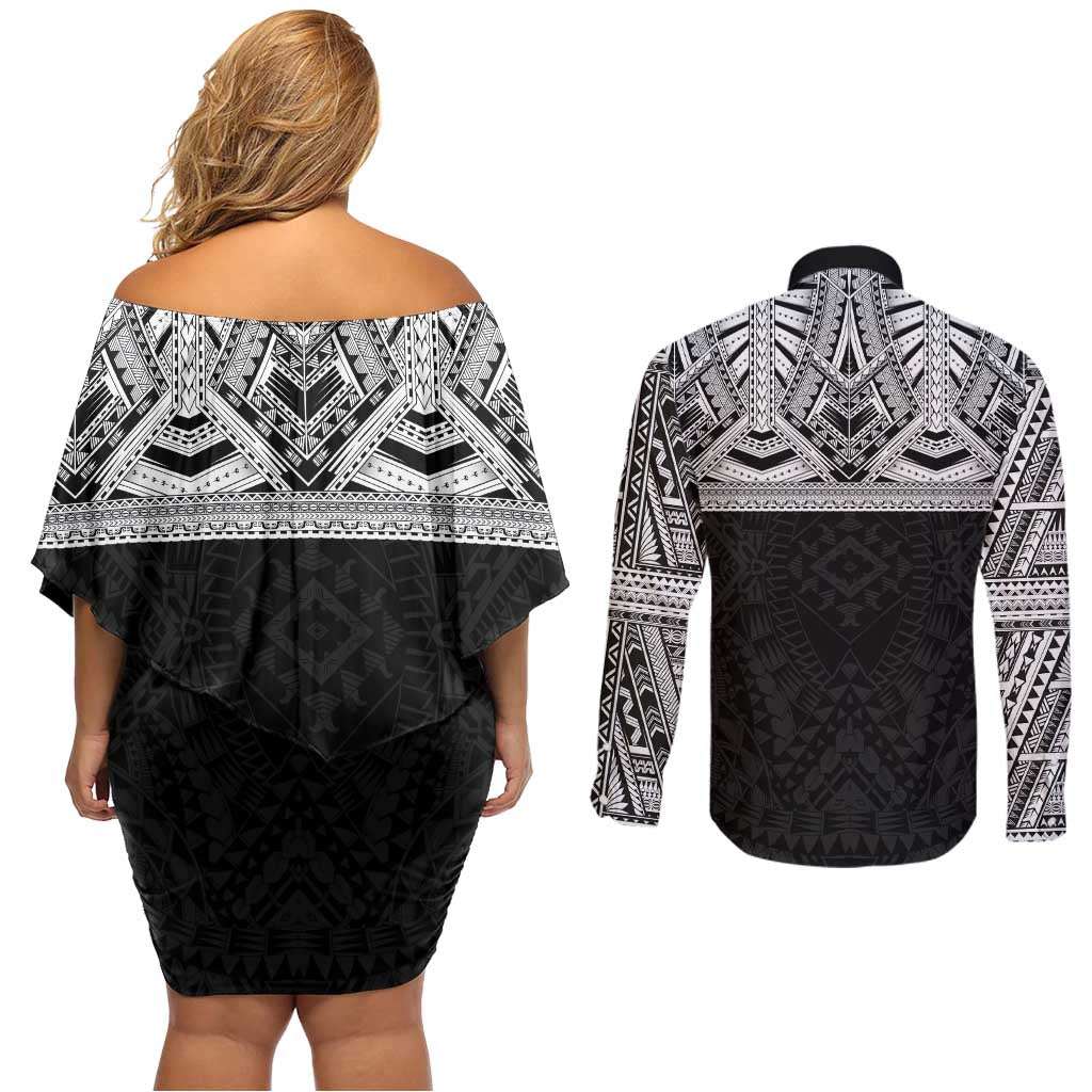 Samoan Traditional Art Tattoos Couples Matching Off Shoulder Short Dress and Long Sleeve Button Shirt Tatau Tribal Motifs with Ula Fala Black - Polynesian Pride