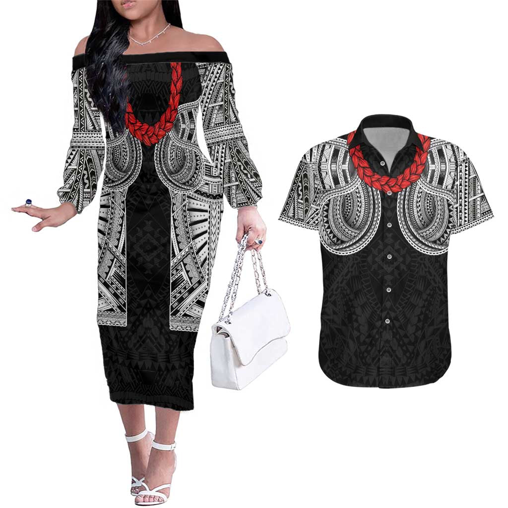 Samoan Traditional Art Tattoos Couples Matching Off The Shoulder Long Sleeve Dress and Hawaiian Shirt Tatau Tribal Motifs with Ula Fala Black - Polynesian Pride