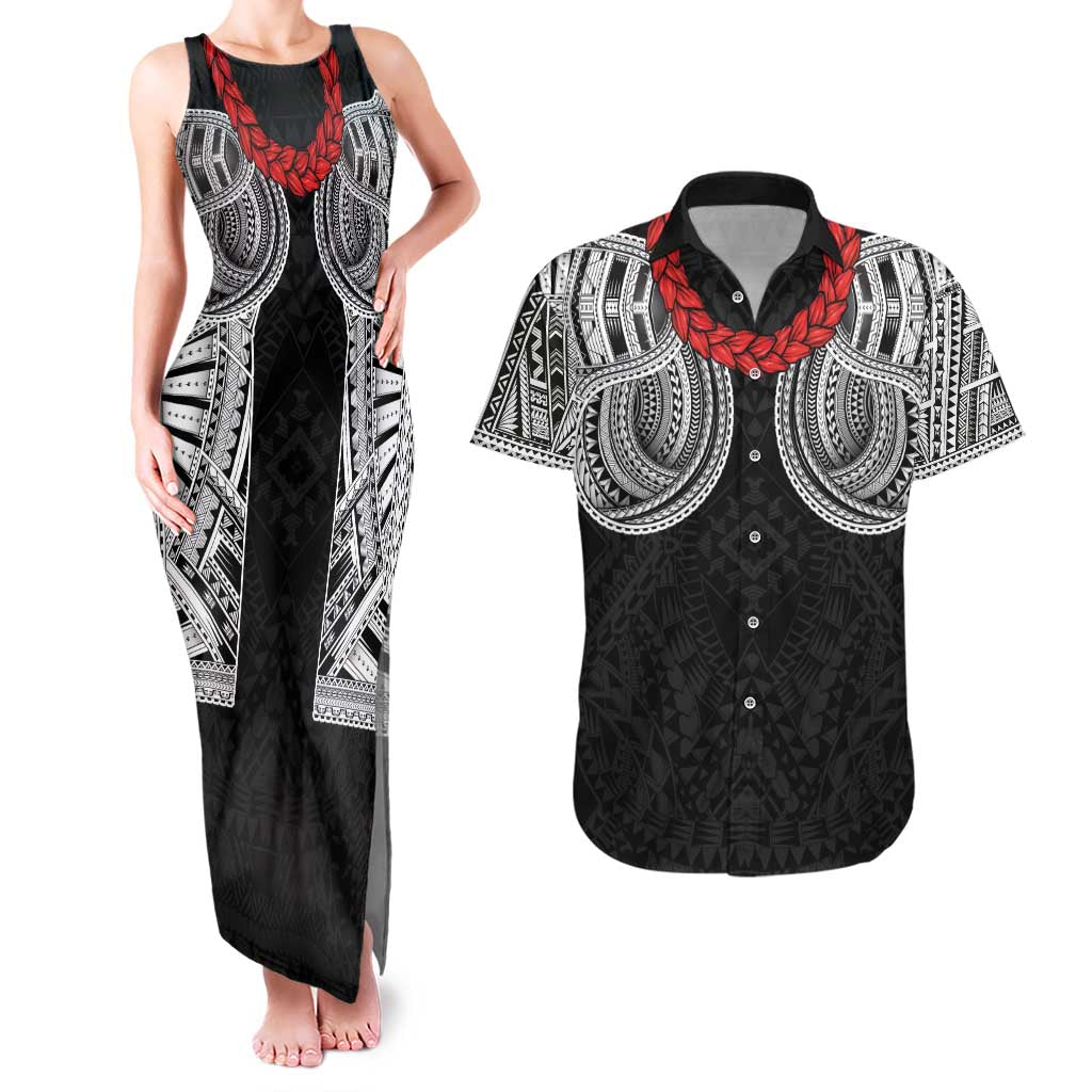 Samoan Traditional Art Tattoos Couples Matching Tank Maxi Dress and Hawaiian Shirt Tatau Tribal Motifs with Ula Fala Black - Polynesian Pride