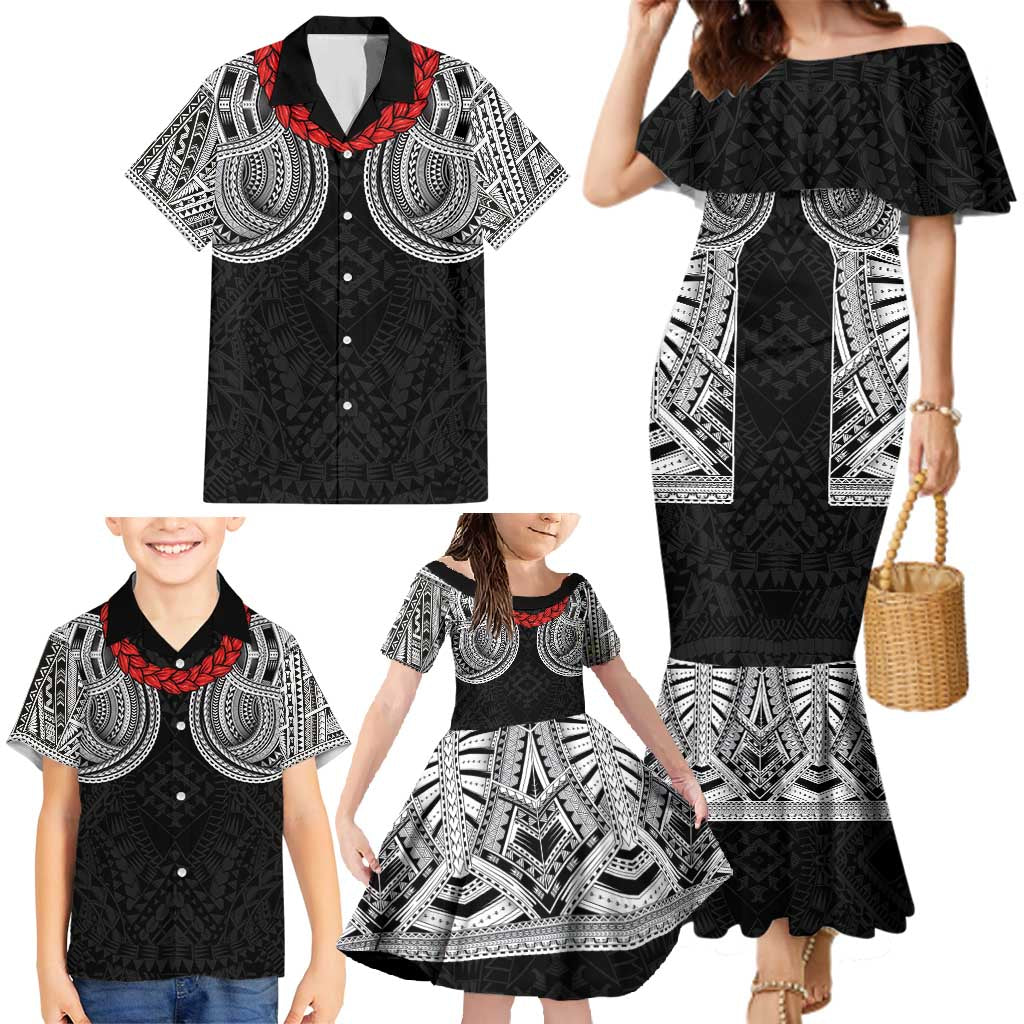 Samoan Traditional Art Tattoos Family Matching Mermaid Dress and Hawaiian Shirt Tatau Tribal Motifs with Ula Fala Black - Polynesian Pride