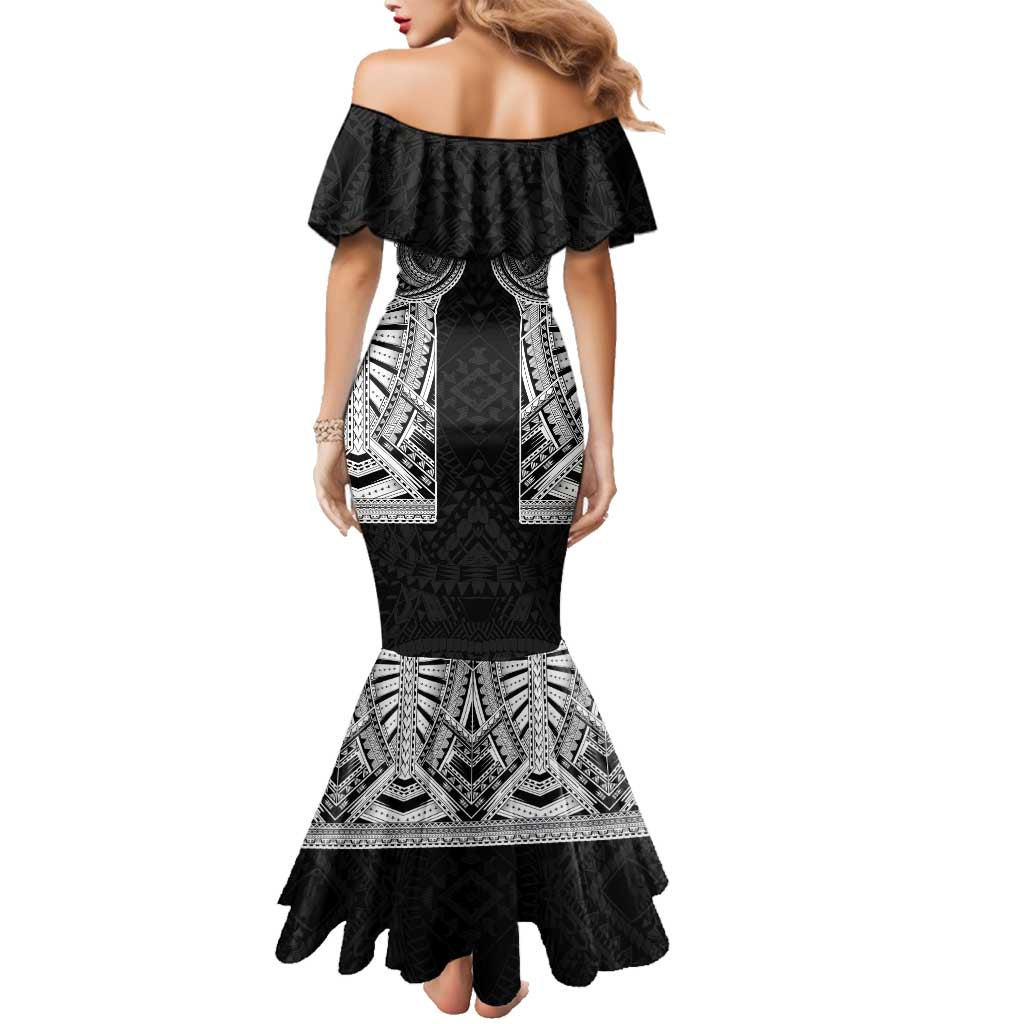 Samoan Traditional Art Tattoos Family Matching Mermaid Dress and Hawaiian Shirt Tatau Tribal Motifs with Ula Fala Black - Polynesian Pride