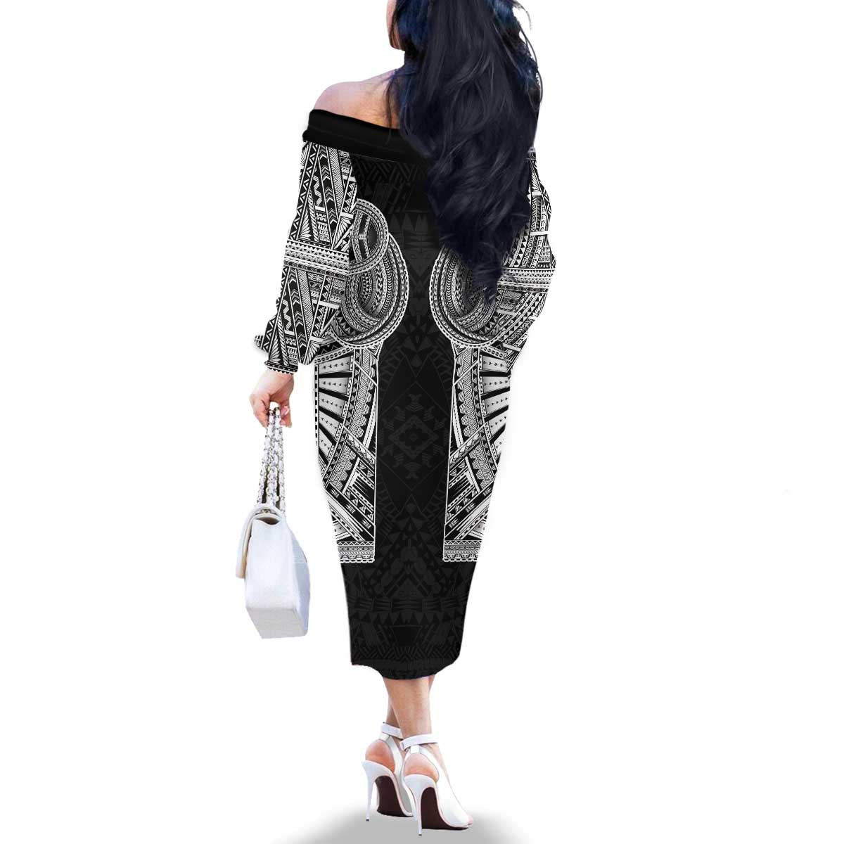 Samoan Traditional Art Tattoos Family Matching Off The Shoulder Long Sleeve Dress and Hawaiian Shirt Tatau Tribal Motifs with Ula Fala Black - Polynesian Pride