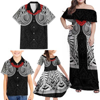 Samoan Traditional Art Tattoos Family Matching Off Shoulder Maxi Dress and Hawaiian Shirt Tatau Tribal Motifs with Ula Fala Black - Polynesian Pride