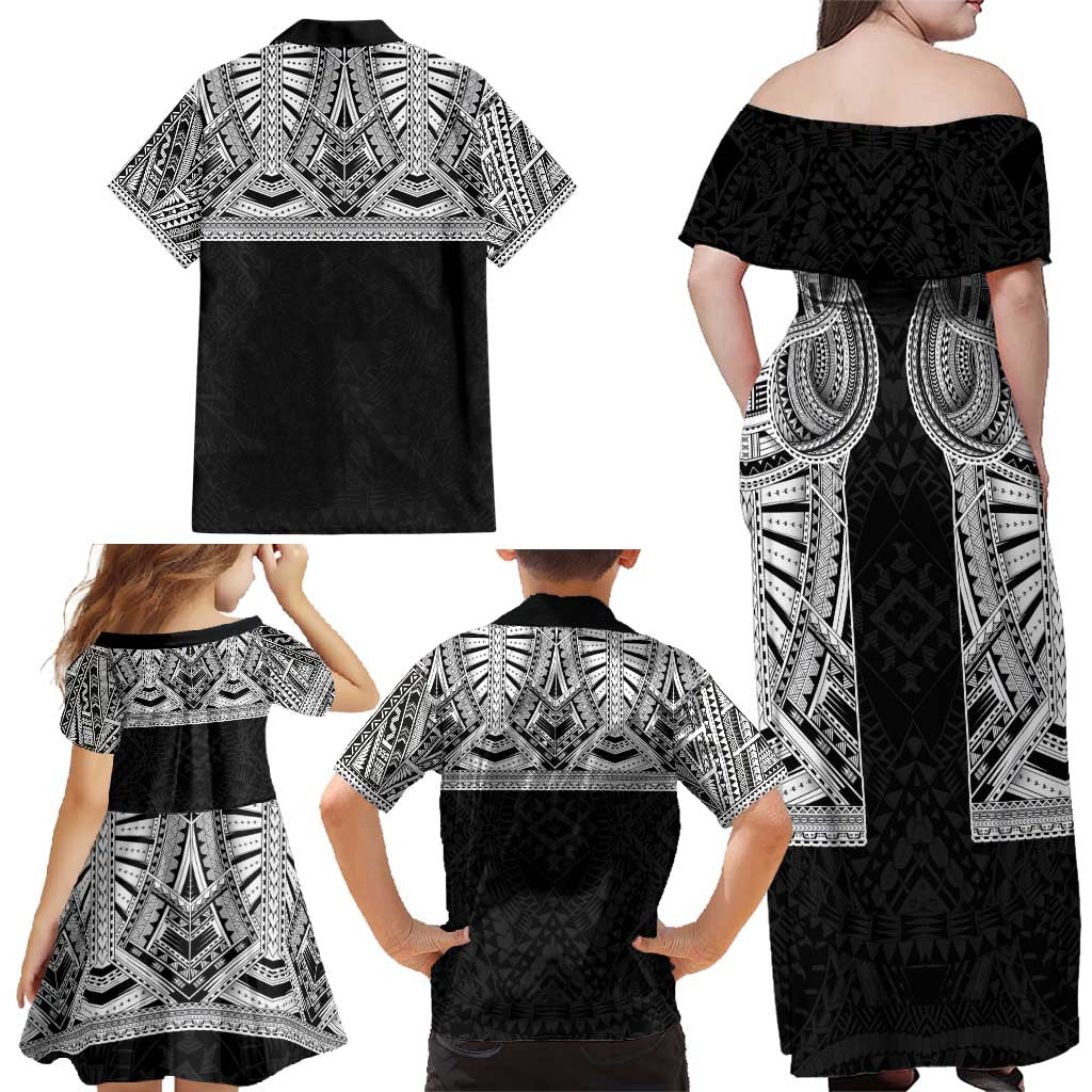 Samoan Traditional Art Tattoos Family Matching Off Shoulder Maxi Dress and Hawaiian Shirt Tatau Tribal Motifs with Ula Fala Black - Polynesian Pride