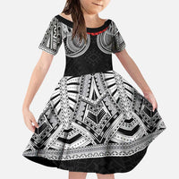 Samoan Traditional Art Tattoos Family Matching Off Shoulder Short Dress and Hawaiian Shirt Tatau Tribal Motifs with Ula Fala Black - Polynesian Pride