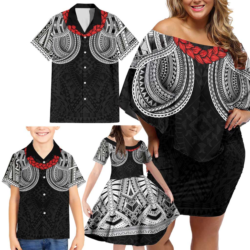 Samoan Traditional Art Tattoos Family Matching Off Shoulder Short Dress and Hawaiian Shirt Tatau Tribal Motifs with Ula Fala Black - Polynesian Pride