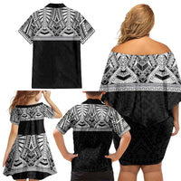 Samoan Traditional Art Tattoos Family Matching Off Shoulder Short Dress and Hawaiian Shirt Tatau Tribal Motifs with Ula Fala Black - Polynesian Pride